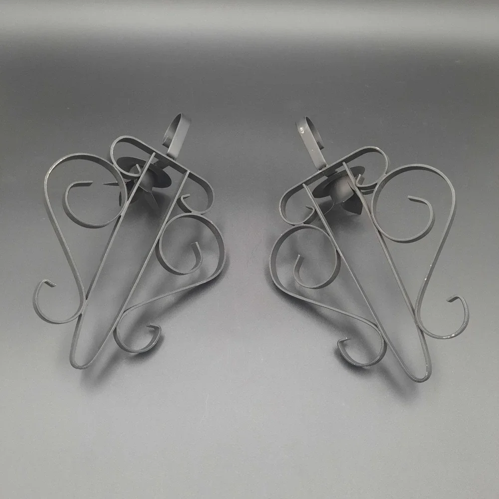 Ornate Black Metal Wall‎ Sconce Candle Holders Pair Scrollwork Vintage Decor